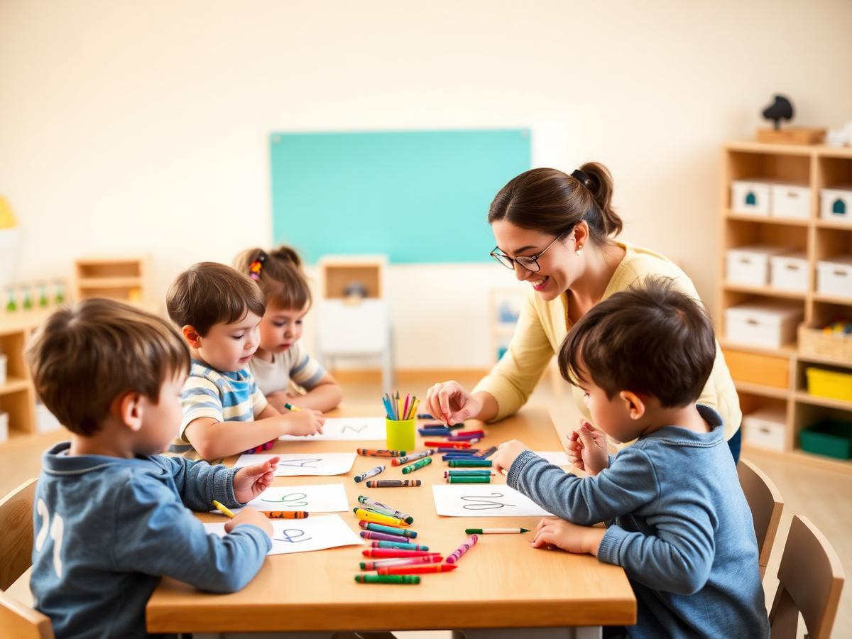 Preschoolers practicing letters with crayons while a teacher guides them